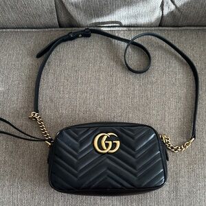 Gucci Black Chevron Crossbody Bag with Gold Details